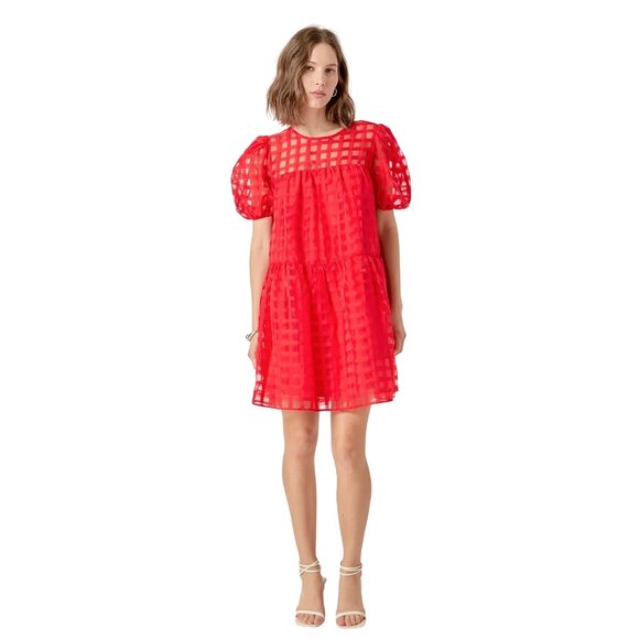 English Factory Gridded Puffed Sleeve Mini Dress Womens Size S Holiday Party Red - Picture 1 of 10